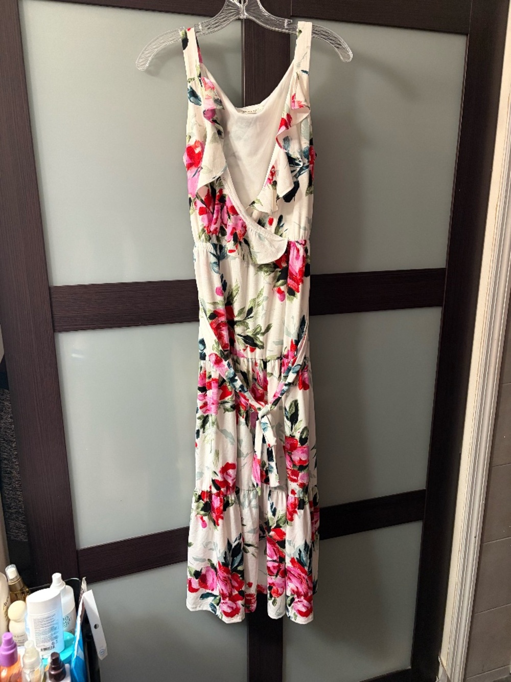 white floral cotton wrap around dress. Size M